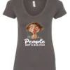 gray sarcasm lover v-neck t-shirt featuring a young girl, with long brown hair and a face of contempt saying people, not a big fan