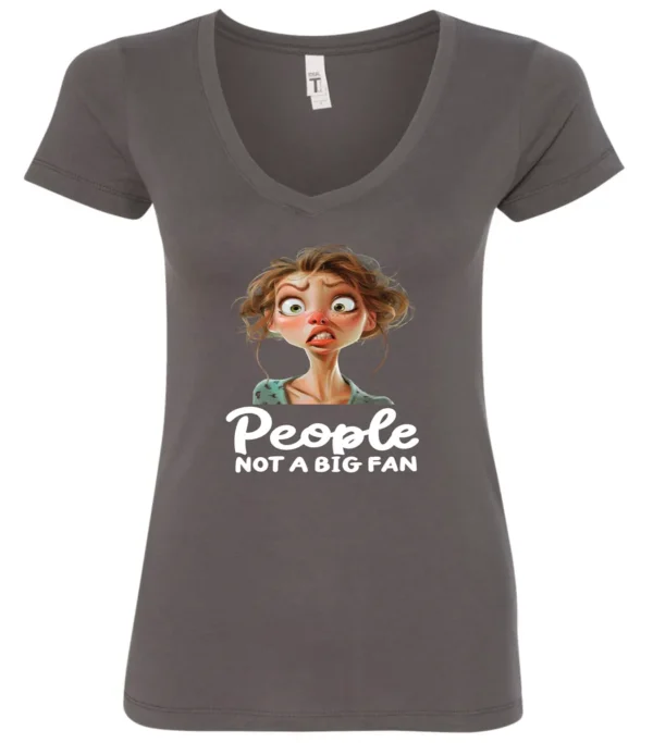 gray sarcasm lover v-neck t-shirt featuring a young girl, with long brown hair and a face of contempt saying people, not a big fan