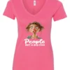 pink sarcasm lover v-neck t-shirt featuring a young girl, with long brown hair and a face of contempt saying people, not a big fan