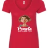 red sarcasm lover v-neck t-shirt featuring a young girl, with long brown hair and a face of contempt saying people, not a big fan