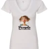 white sarcasm lover v-neck t-shirt featuring a young girl, with long brown hair and a face of contempt saying people, not a big fan