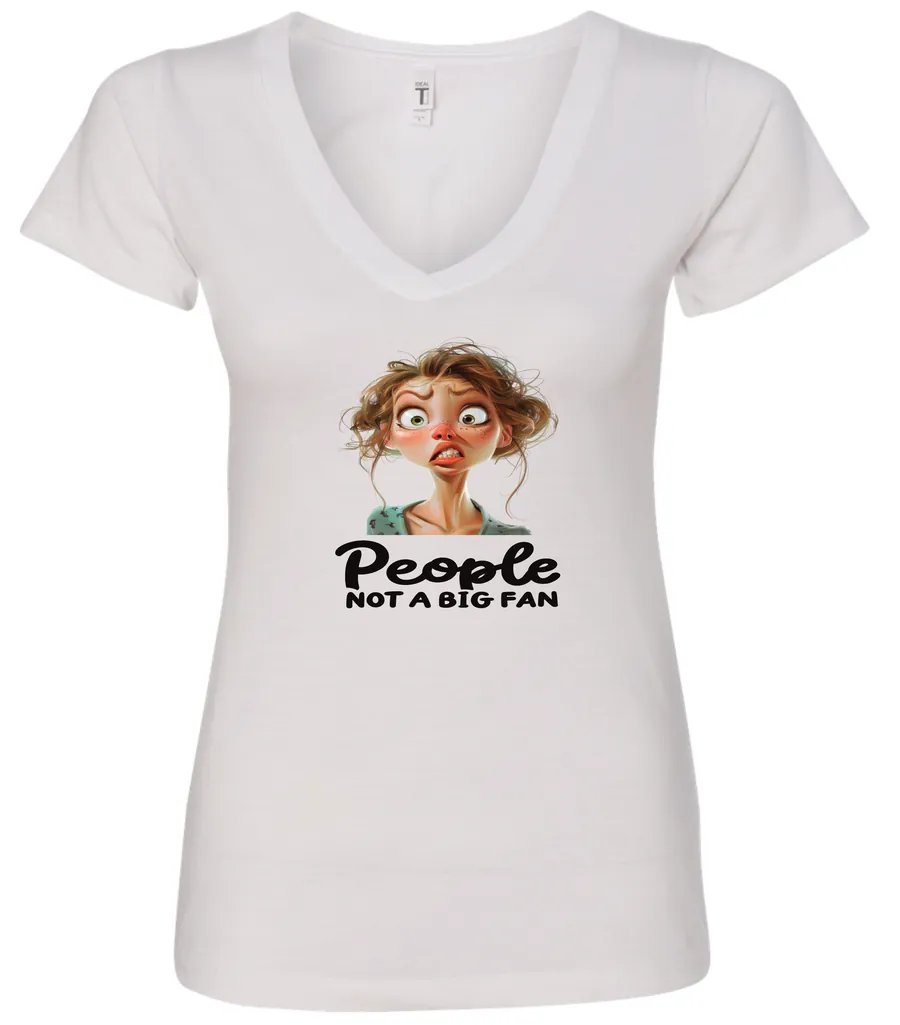 white sarcasm lover v-neck t-shirt featuring a young girl, with long brown hair and a face of contempt saying people, not a big fan