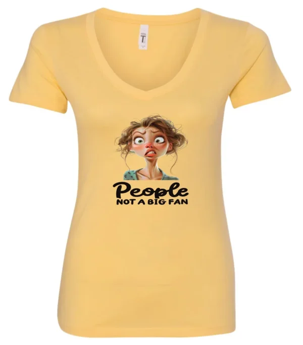 yellow sarcasm lover v-neck t-shirt featuring a young girl, with long brown hair and a face of contempt saying people, not a big fan