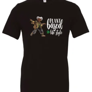 black marihuana t-shirt featuring a black old woman dancing and it says plant based life style