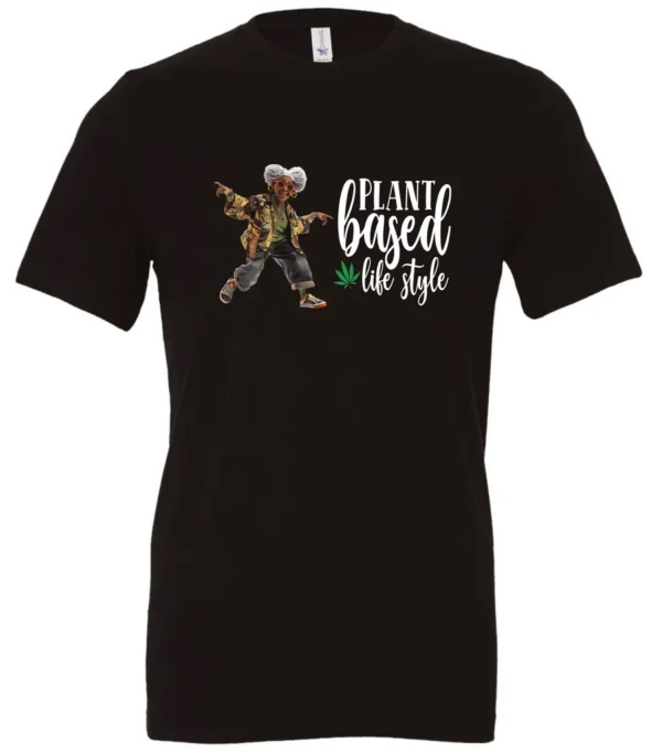 black marihuana t-shirt featuring a black old woman dancing and it says plant based life style