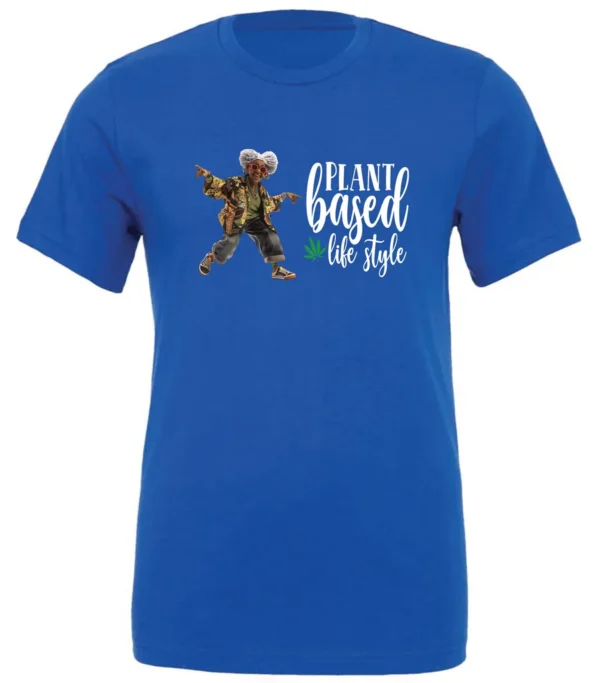 blue marihuana t-shirt featuring a black old woman dancing and it says plant based life style