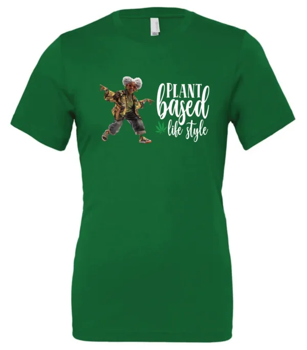 green marihuana t-shirt featuring a black old woman dancing and it says plant based life style
