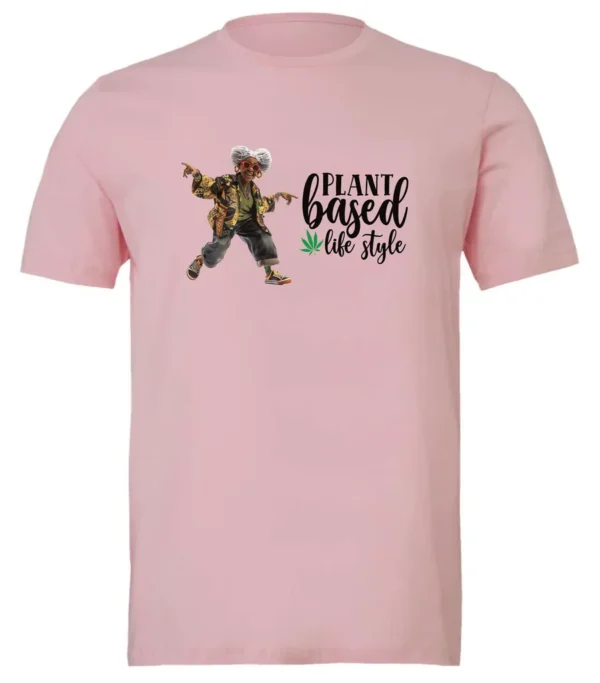 pink marihuana t-shirt featuring a black old woman dancing and it says plant based life style