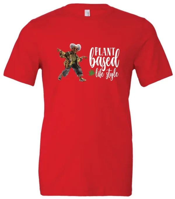 red marihuana t-shirt featuring a black old woman dancing and it says plant based life style