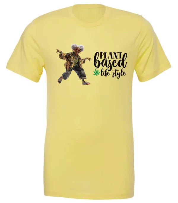 yellow marihuana t-shirt featuring a black old woman dancing and it says plant based life style