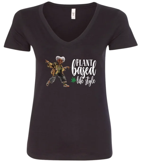 black marihuana v-neck t-shirt featuring a black old woman dancing and it says plant based life style