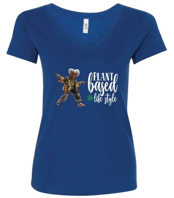 blue marihuana v-neck t-shirt featuring a black old woman dancing and it says plant based life style