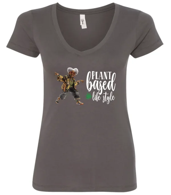 gray marihuana v-neck t-shirt featuring a black old woman dancing and it says plant based life style