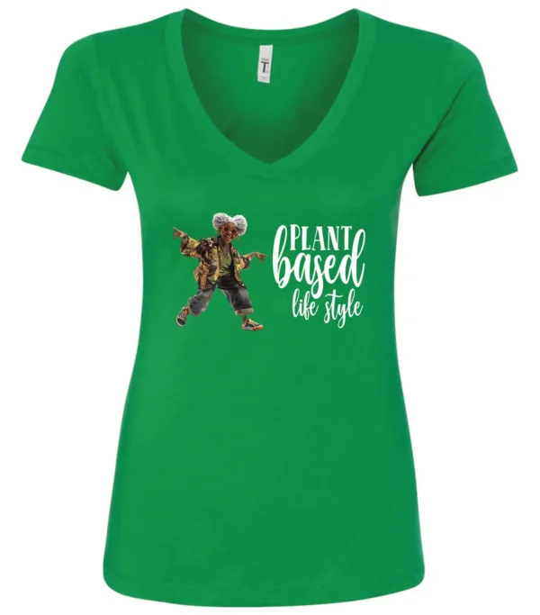 green marihuana v-neck t-shirt featuring a black old woman dancing and it says plant based life style