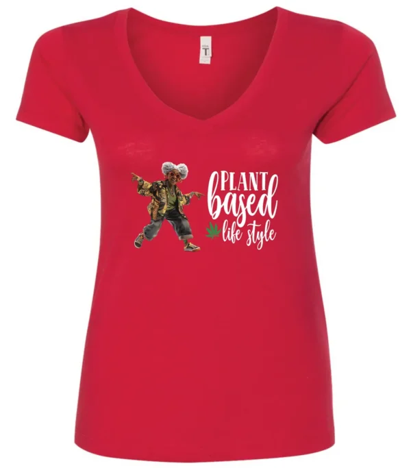 red marihuana v-neck t-shirt featuring a black old woman dancing and it says plant based life style