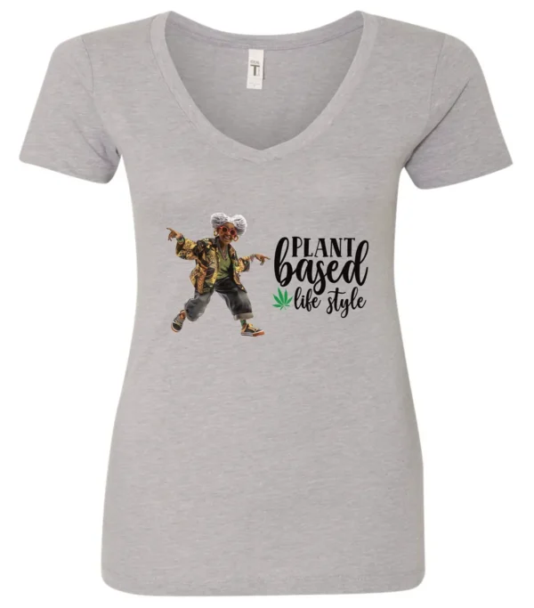 silver marihuana v-neck t-shirt featuring a black old woman dancing and it says plant based life style