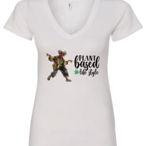 white marihuana v-neck t-shirt featuring a black old woman dancing and it says plant based life style
