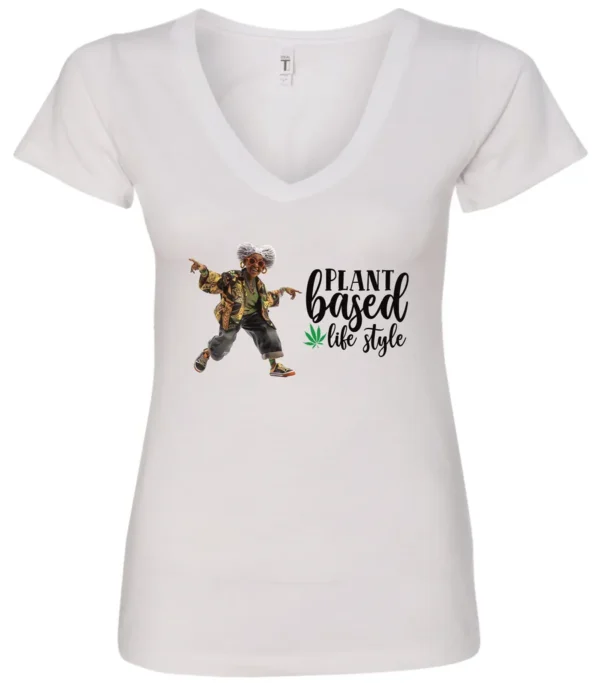 white marihuana v-neck t-shirt featuring a black old woman dancing and it says plant based life style