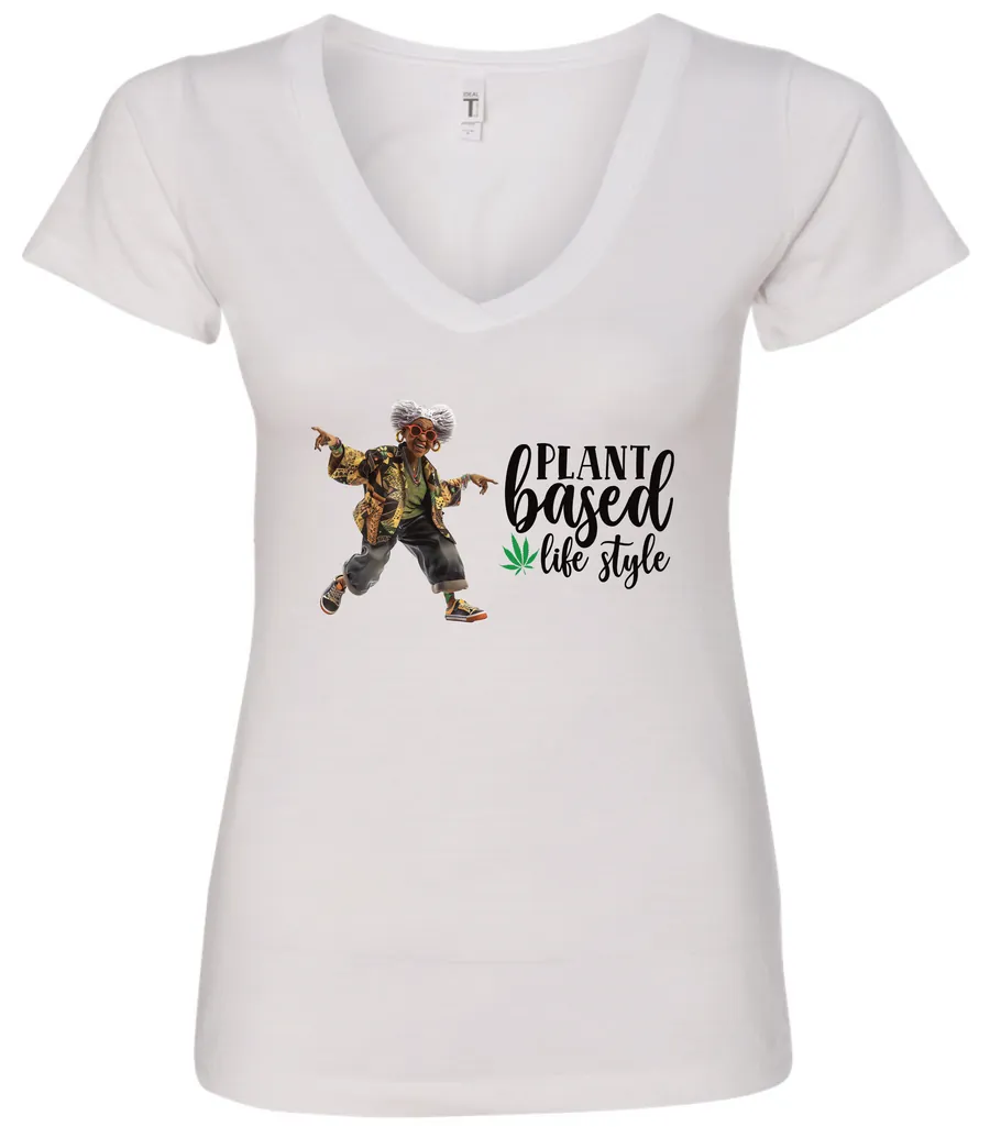 white marihuana v-neck t-shirt featuring a black old woman dancing and it says plant based life style