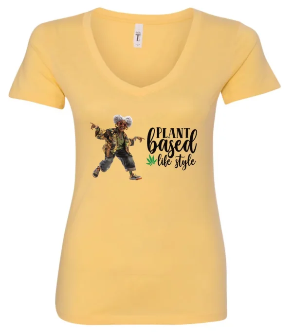 yellow marihuana v-neck t-shirt featuring a black old woman dancing and it says plant based life style