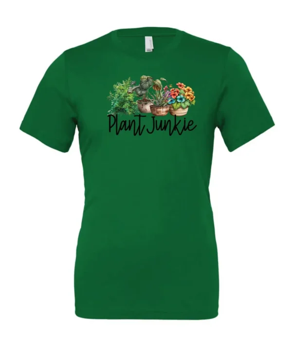 green funny plant lover t-shirt with three flower pots with the quote plant junkie