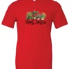 red funny plant lover t-shirt with three flower pots with the quote plant junkie