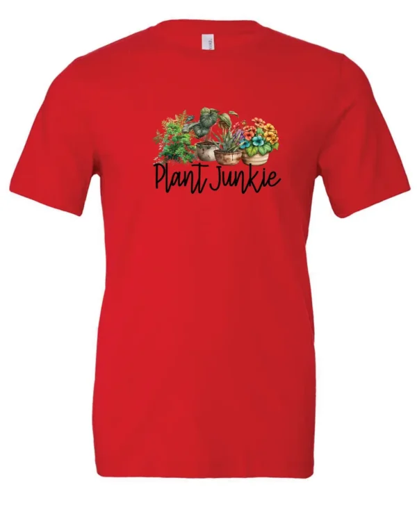red funny plant lover t-shirt with three flower pots with the quote plant junkie