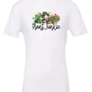 white funny plant lover t-shirt with three flower pots with the quote plant junkie