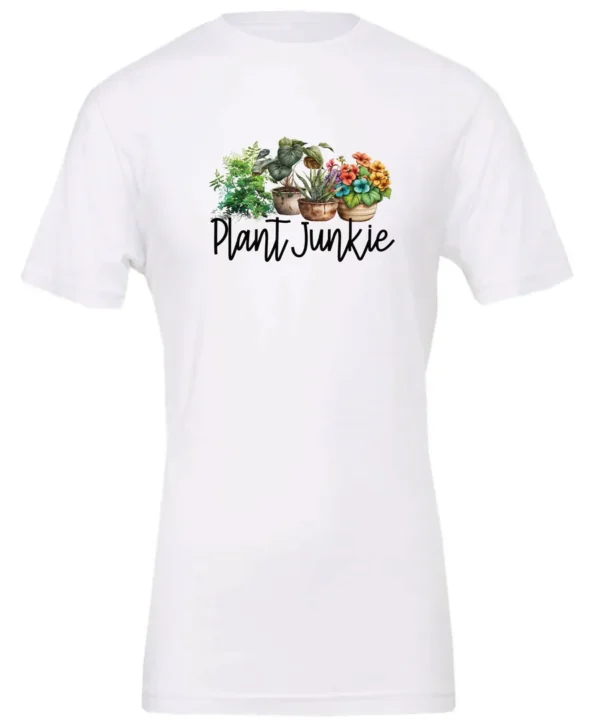 white funny plant lover t-shirt with three flower pots with the quote plant junkie