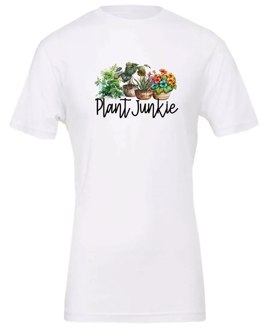 white funny plant lover t-shirt with three flower pots with the quote plant junkie