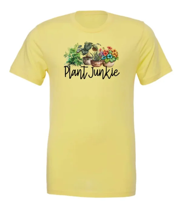 yellow funny plant lover t-shirt with three flower pots with the quote plant junkie