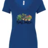 blue funny plant lover v-neck t-shirt with three flower pots with the quote plant junkie