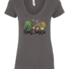 gray funny plant lover v-neck t-shirt with three flower pots with the quote plant junkie