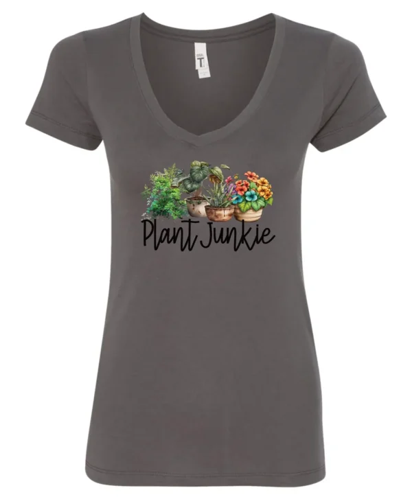 gray funny plant lover v-neck t-shirt with three flower pots with the quote plant junkie
