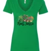 green funny plant lover v-neck t-shirt with three flower pots with the quote plant junkie