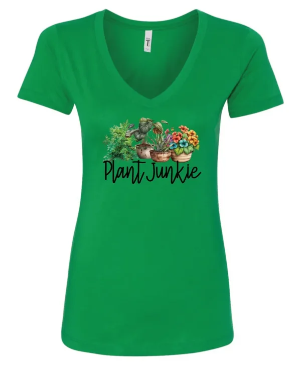 green funny plant lover v-neck t-shirt with three flower pots with the quote plant junkie