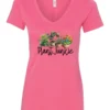 pink funny plant lover v-neck t-shirt with three flower pots with the quote plant junkie