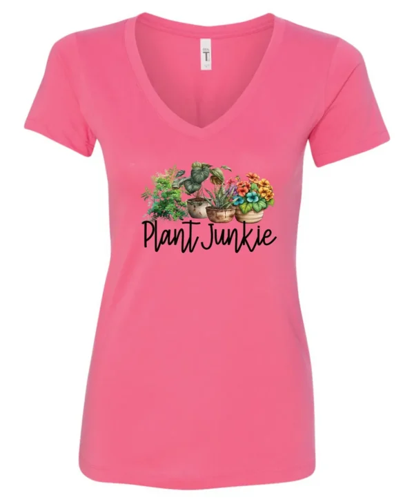 pink funny plant lover v-neck t-shirt with three flower pots with the quote plant junkie
