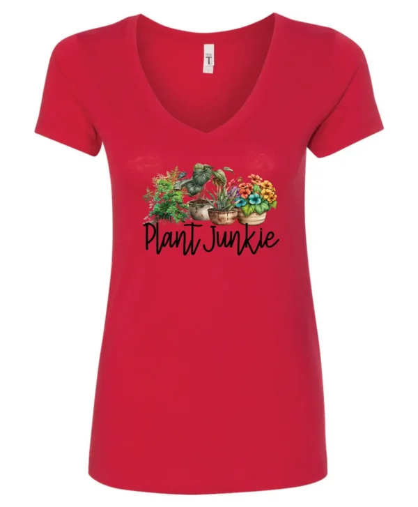 red funny plant lover v-neck t-shirt with three flower pots with the quote plant junkie
