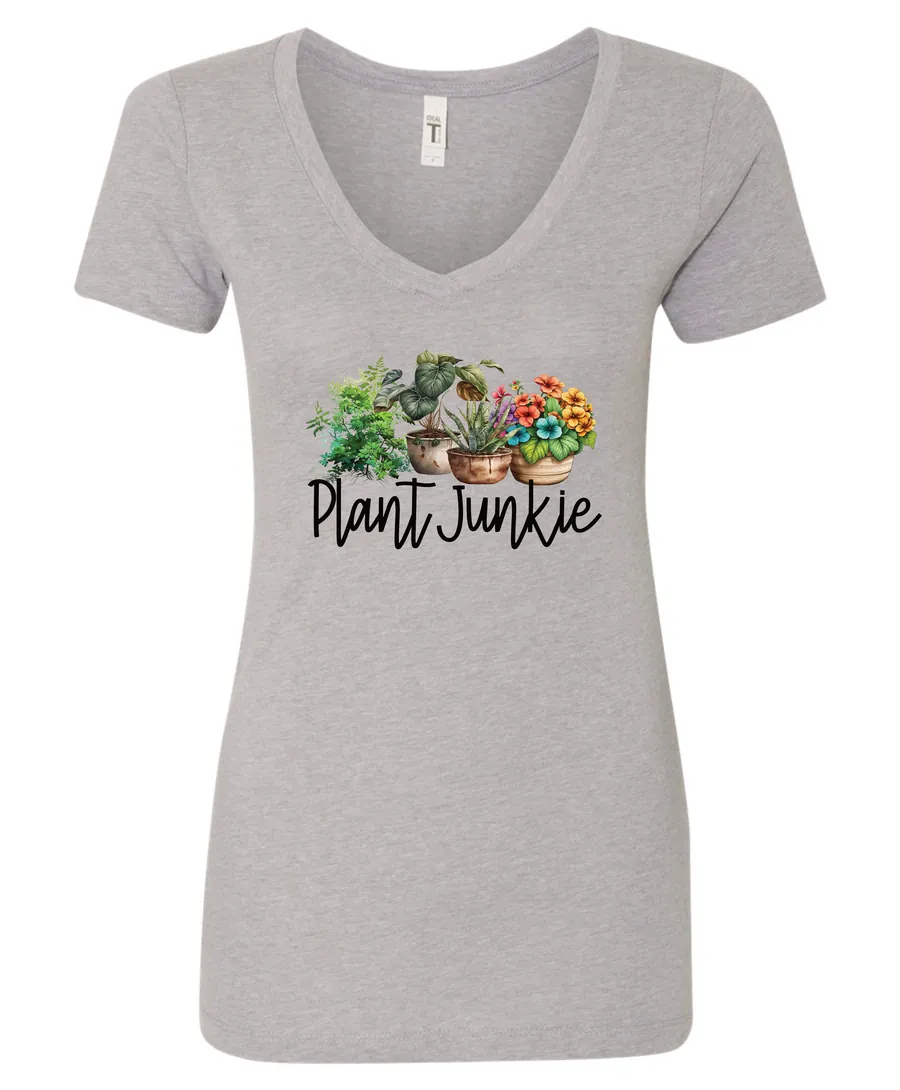silver funny plant lover v-neck t-shirt with three flower pots with the quote plant junkie