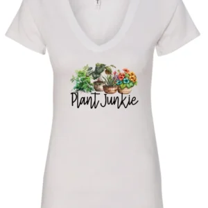 white funny plant lover v-neck t-shirt with three flower pots with the quote plant junkie