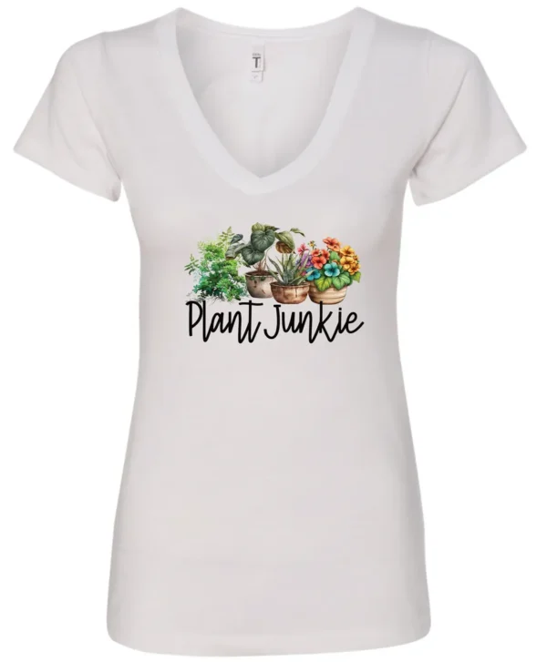 white funny plant lover v-neck t-shirt with three flower pots with the quote plant junkie