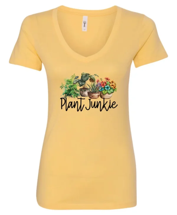 yellow funny plant lover v-neck t-shirt with three flower pots with the quote plant junkie