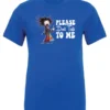 blue funny sarcasm t-shirt featuring a woman who has just woken up in pajamas, disheveled, with a cup of coffee in her hand and screaming please don’t talk to me