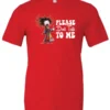 red funny sarcasm t-shirt featuring a woman who has just woken up in pajamas, disheveled, with a cup of coffee in her hand and screaming please don’t talk to me