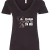 black funny sarcasm v-neck t-shirt featuring a woman who has just woken up in pajamas, disheveled, with a cup of coffee in her hand and screaming please don’t talk to me