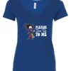 blue funny sarcasm v-neck t-shirt featuring a woman who has just woken up in pajamas, disheveled, with a cup of coffee in her hand and screaming please don’t talk to me