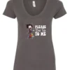 gray funny sarcasm v-neck t-shirt featuring a woman who has just woken up in pajamas, disheveled, with a cup of coffee in her hand and screaming please don’t talk to me