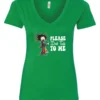 green funny sarcasm v-neck t-shirt featuring a woman who has just woken up in pajamas, disheveled, with a cup of coffee in her hand and screaming please don’t talk to me
