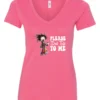 pink funny sarcasm v-neck t-shirt featuring a woman who has just woken up in pajamas, disheveled, with a cup of coffee in her hand and screaming please don’t talk to me